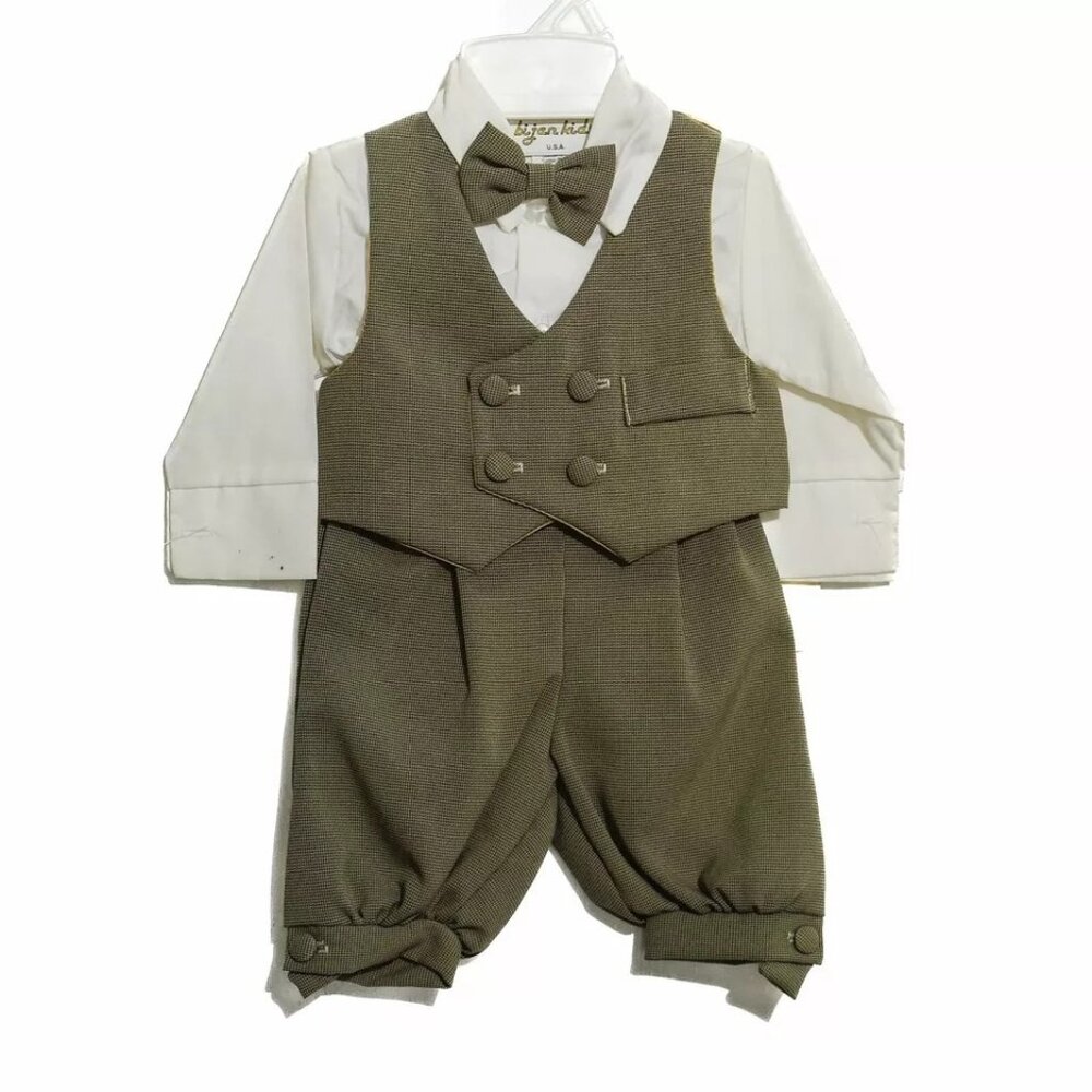 BIJAN Kids 4-Pc Dress Suit Brown Bowtie Vest Romper Pants and White Shirt 6M NWT